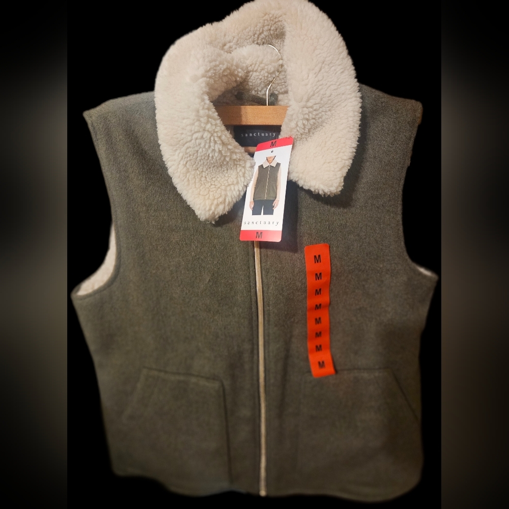 Sanctuary Olive Vest with Soft Cream Collar